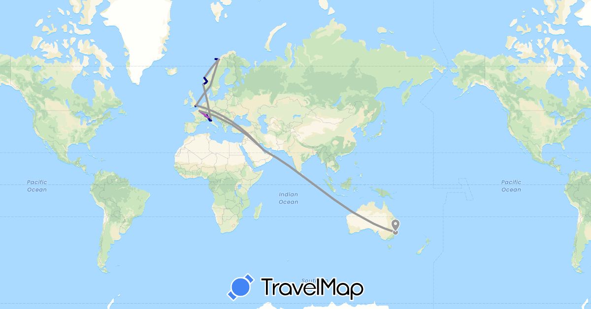 TravelMap itinerary: driving, plane, train in Australia, Switzerland, France, United Kingdom, Italy, Norway, Qatar (Asia, Europe, Oceania)